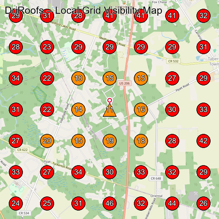 DriRoofs GeoGrid visibility map for Roofing Contractor in None